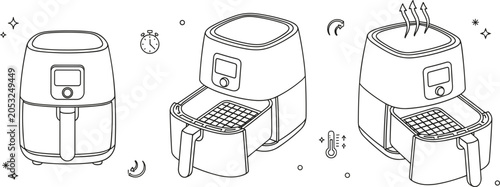 Foto Electric air fryer kitchen appliance vector line icon set with open basket hot s