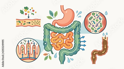 Human Digestive System and Gut Microbiome Concept Illustration with Stomach Intestines and Nutrient Absorption
