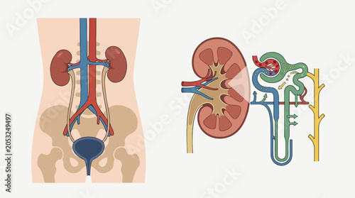 Anatomical illustration showing the human urinary system alongside a detailed diagram of the nephron structure and renal function