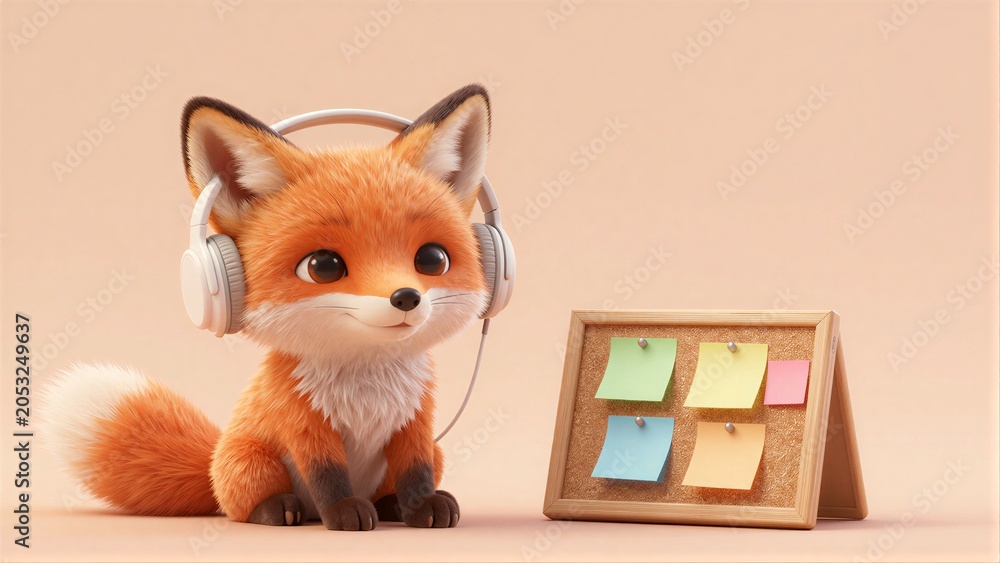 Fototapeta premium Cute fox with headphones sits beside colorful sticky notes on a