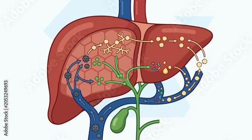 Detailed illustration of human liver anatomy and its vital metabolic processes, including blood flow, bile production, and detoxification pathways for biological understanding