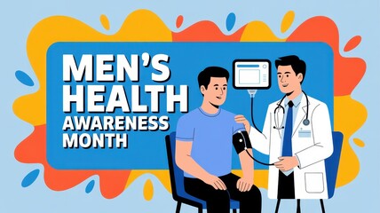 Men's health awareness month illustration featuring a doctor checking a patient's blood pressure
