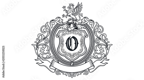 Ornate Crest Emblem with Griffin and Banner, Heraldic Design