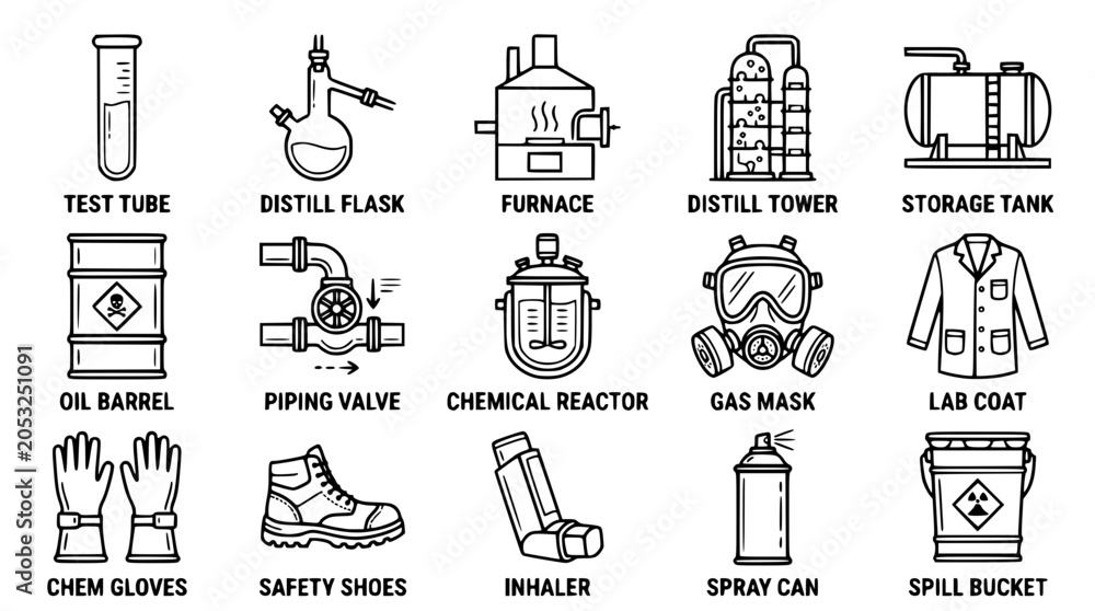 Fototapeta premium Laboratory equipment and safety gear vector graphic illustration set