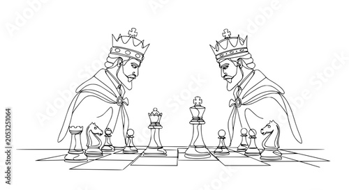 Fotografie Two kings face off over a chessboard, one-line drawing, strategy game