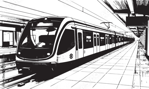 Modern passenger subway train at station platform in minimalist black and white line art vector illustration.