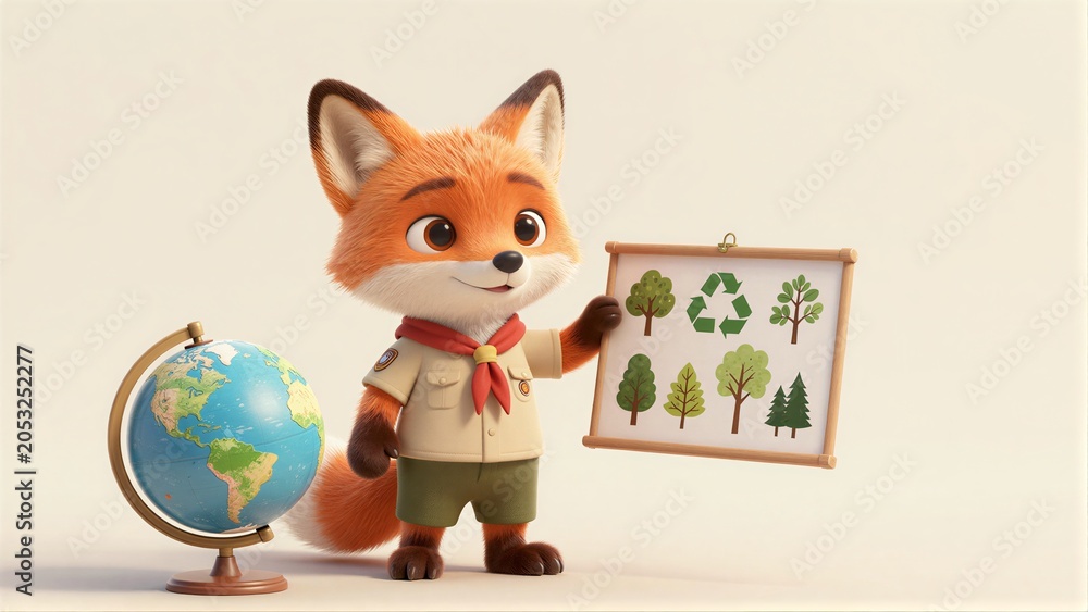 Fototapeta premium A fox scout holds a tree chart standing beside a globe.