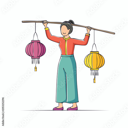 Woman Carrying Lanterns on Shoulder Pole