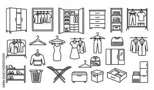 Tableau sur toile Creative wardrobe outline vector icon set with minimalist closet storage symbols