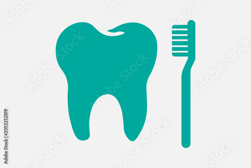 The image features a minimalist, solid teal icon representing dental care, set against a plain, light grey background.