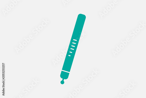 The image features a minimalist, solid teal icon representing a thermometer, set against a plain, light grey background. The thermometer is positioned diagonally, slanting upward to the right.