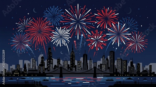 Fireworks display over a city skyline with a bridge and river at night, vector illustration for independence day or new year celebration