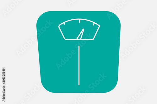The image features a minimalist icon of a bathroom scale set against a plain, light grey background. The icon consists of a large, solid teal square with rounded corners.