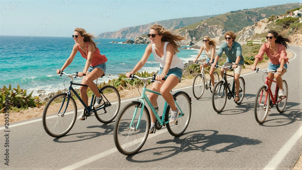 Fototapeta premium Friends bike along coastal road enjoying sunny day and ocean views.