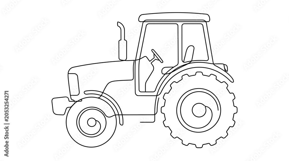 Obraz premium Tractor Outline Drawing, Continuous Line Art, Agriculture Machine