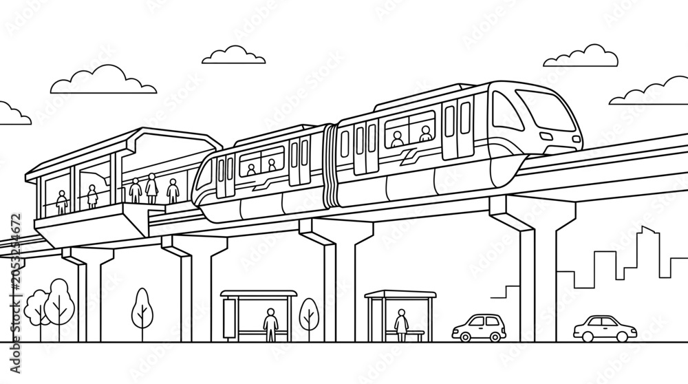 Naklejka premium Modern Monorail Train on Elevated Track in City