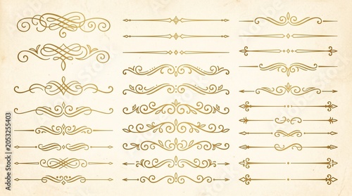 Elegant Golden Ornate Flourish Dividers and Borders Collection on Textured Background