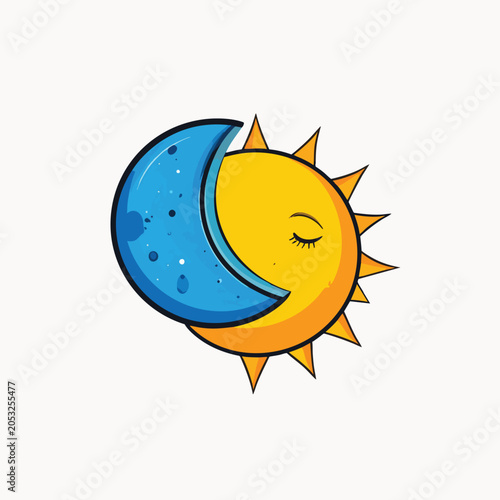 Stylized Cartoon Illustration of a Sleeping Sun Overlapped by a Blue Crescent Moon.