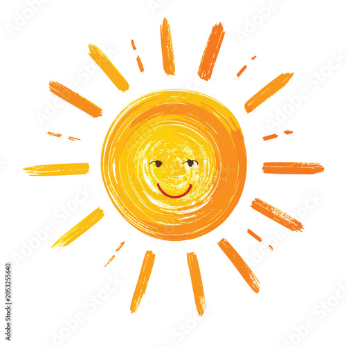 Cheerful yellow sun illustration with a smiling face drawn in a textured artistic style.