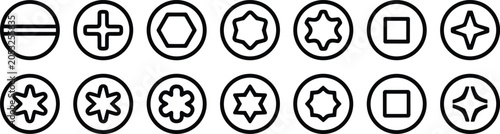 Photography Screw Drive Head Icons Vector Set Featuring Phillips Torx Hex Square and Slotted