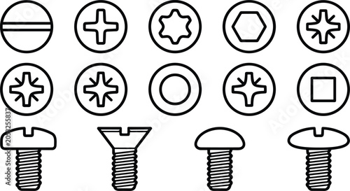 Cuadro en lienzo Screw Head Drive Types and Machine Screw Vector Set with Fastener Icons Technica