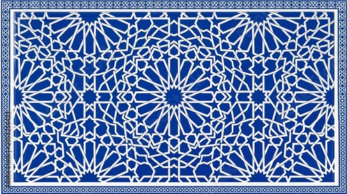 Intricate Islamic geometric pattern with stars and polygons in blue and white