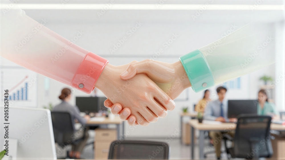 Fototapeta premium Two hands shake in a modern office symbolizing partnership and