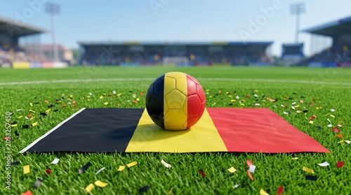 Belgian flag with soccer ball on green field with confetti