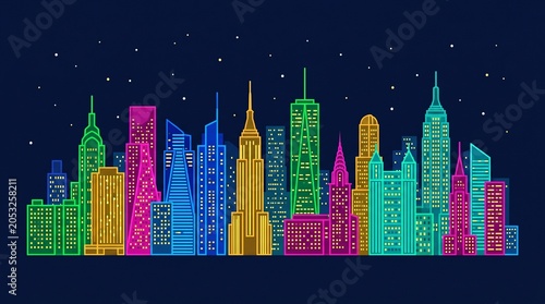 Vibrant neon cityscape illustration of New York City skyline at night with colorful skyscrapers and stars