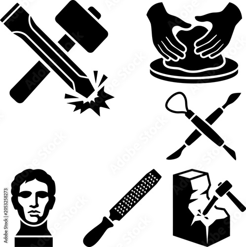 Stone carving and pottery sculpting tool set featuring cross hammers chisel strike motion hand forming clay and ceramic rasp icon set for artistic manufacturing.