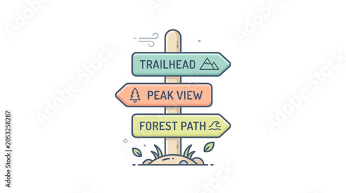 Konstfotografi Illustrated signpost pointing to trailhead peak view and forest path