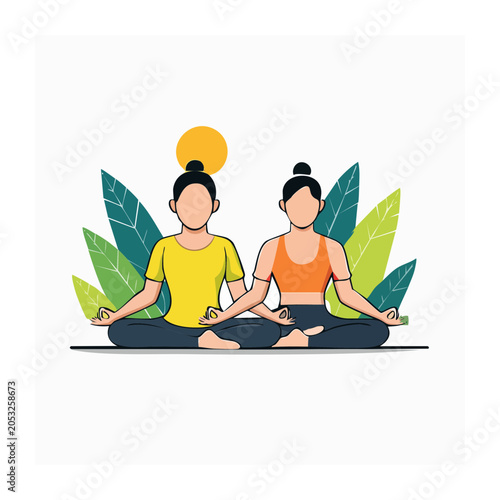 Two women meditating in lotus pose with plants and sun