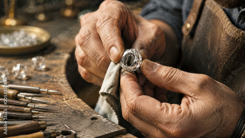 Fototapeta premium Jeweler hand polishing silver ring with complex geometric shape generated by AI to maximize light refraction