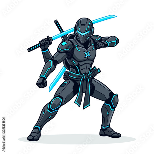 Cyber ninja with glowing blue swords in action pose