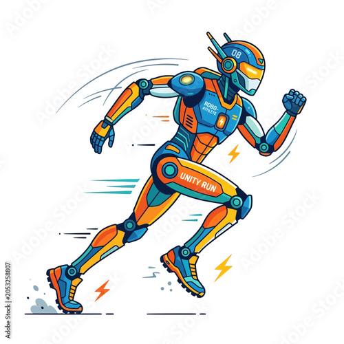 Futuristic robo-athlete in orange and blue running