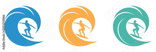Photography Surf surfer icons with wave symbols, surfboard logos, and coastal designs