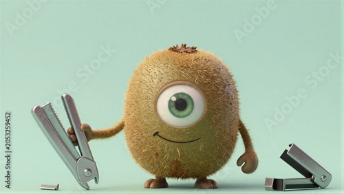 One-eyed fuzzy monster holds stapler smiling against mint green