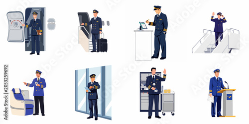 Set of flat vector illustrations of male airplane pilots in various professional situations at the airport and inside the cabin.