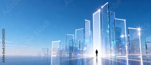 Man standing before glowing glass skyscrapers