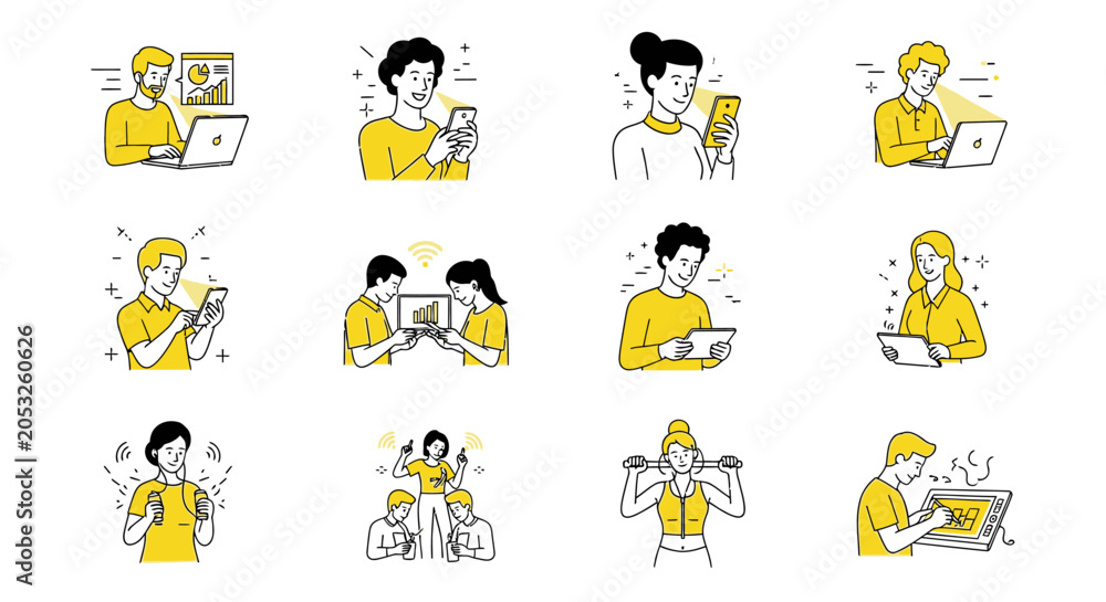 Fototapeta premium Diverse people using digital devices in yellow line art style