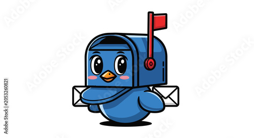 Bild auf Leinwand Cute Blue Bird Character Wearing Mailbox Hat Delivering Letters