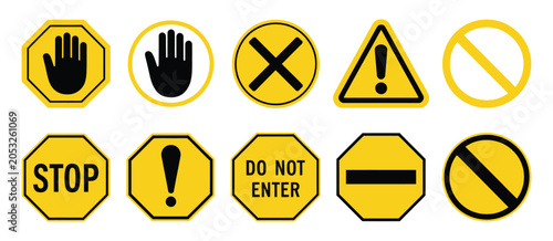 Stop sign icons featuring warning, caution, prohibition, and traffic safety symbols.