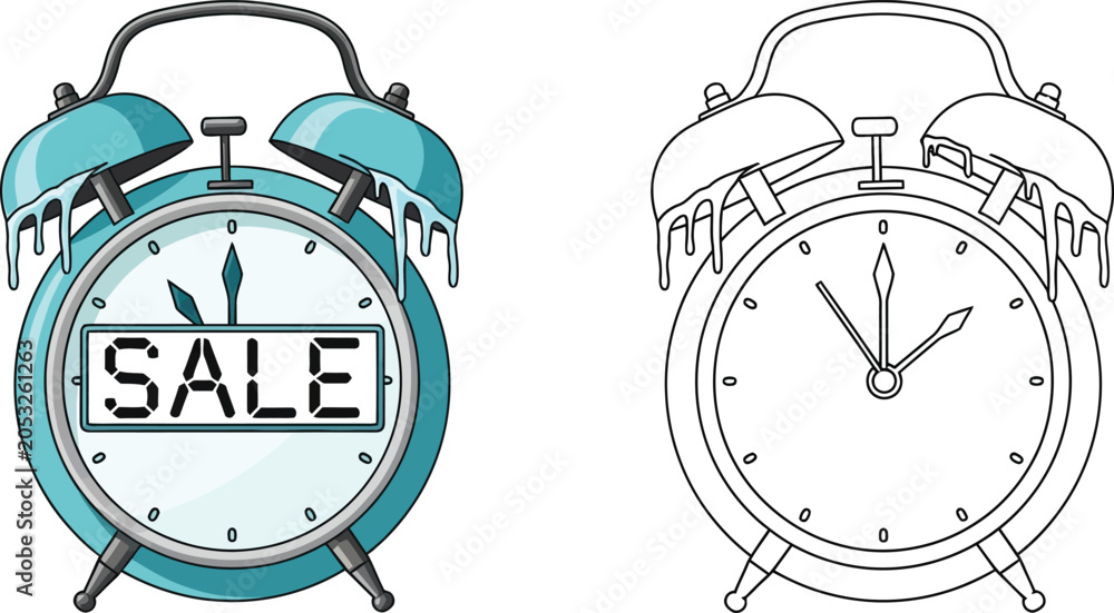 Fototapeta premium Cartoon vector illustration of a frozen alarm clock with SALE text on its face perfect for winter promotions seasonal discounts or limited time offers