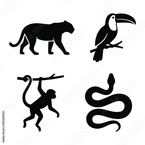 Schilderij op canvas Jungle animals set — jaguar, toucan, monkey, anaconda icon Silhouette Vector bla