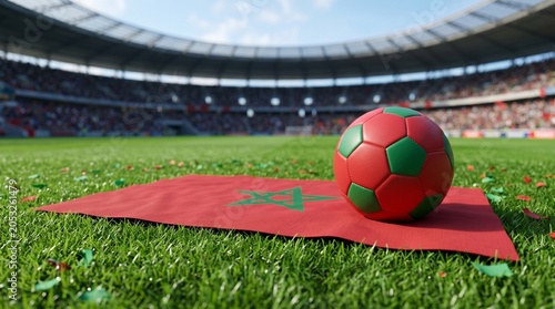 Moroccan soccer ball on a red flag with green accents in a stadium