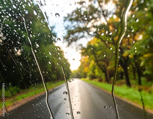 Raindrops on a windshield, obscuring a sunlit road. Focus on water droplets with a blurred forest and asphalt in the background