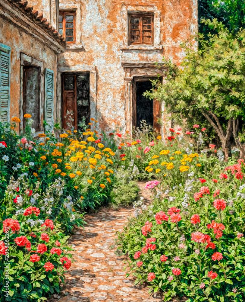 Naklejka premium the flowers amidst the ruins of the setting. Oil painting