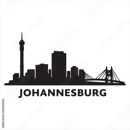 Johannesburg skyline featuring iconic landmarks and bridge silhouette