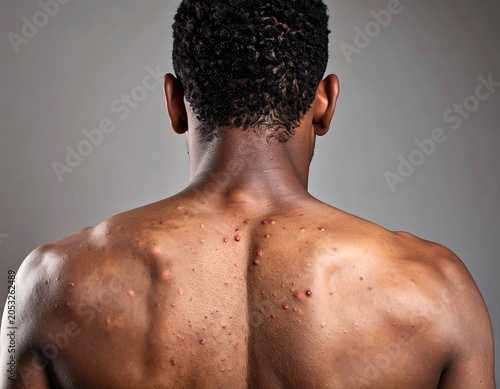 Rear view of a dark-skinned person's bare upper back and shoulders, displaying numerous skin lesions