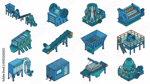 Collection of isometric industrial machinery and equipment for mining and processing materials.